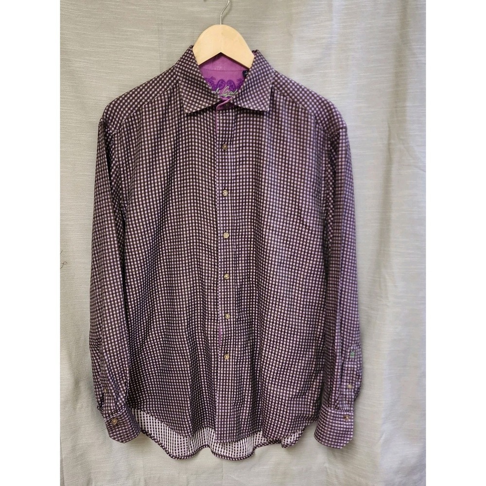Men Robert Graham Gingham Plaid Purple/ White Flip Cuff Size Large 100% Cotton